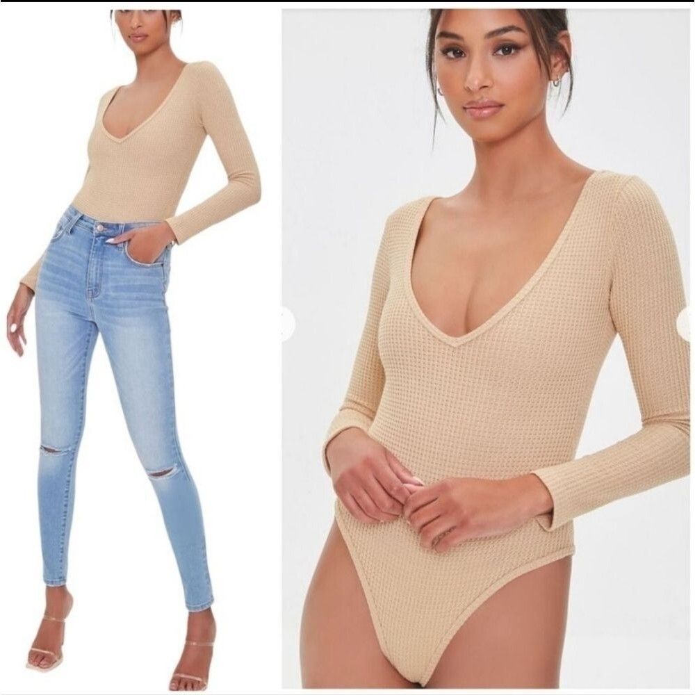 Forever 21 Plunging Waffle Knit Bodysuit Size Large*